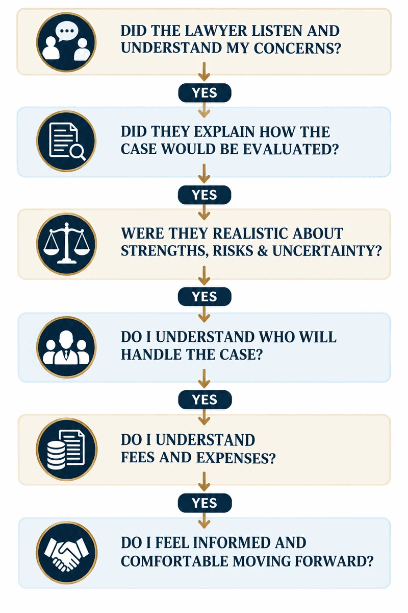 Vertical flowchart displaying 6 evaluation questions to assess a lawyer after an initial consultation, ranging from understanding client concerns to feeling comfortable moving forward.