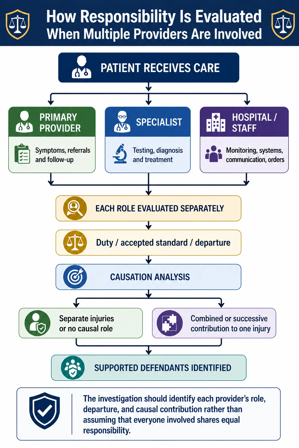 Infographic explaining how responsibility may be evaluated when multiple doctors or healthcare providers contributed to a medical malpractice injury, including each provider’s role, standard of care, causation, and allocation of fault.