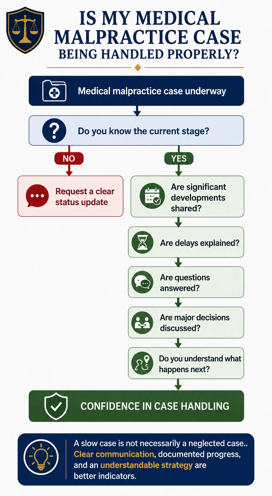 Flowchart explaining signs that a medical malpractice case is being handled properly, including knowing the case status, receiving updates, understanding delays, getting questions answered, discussing major decisions, and knowing what happens next.