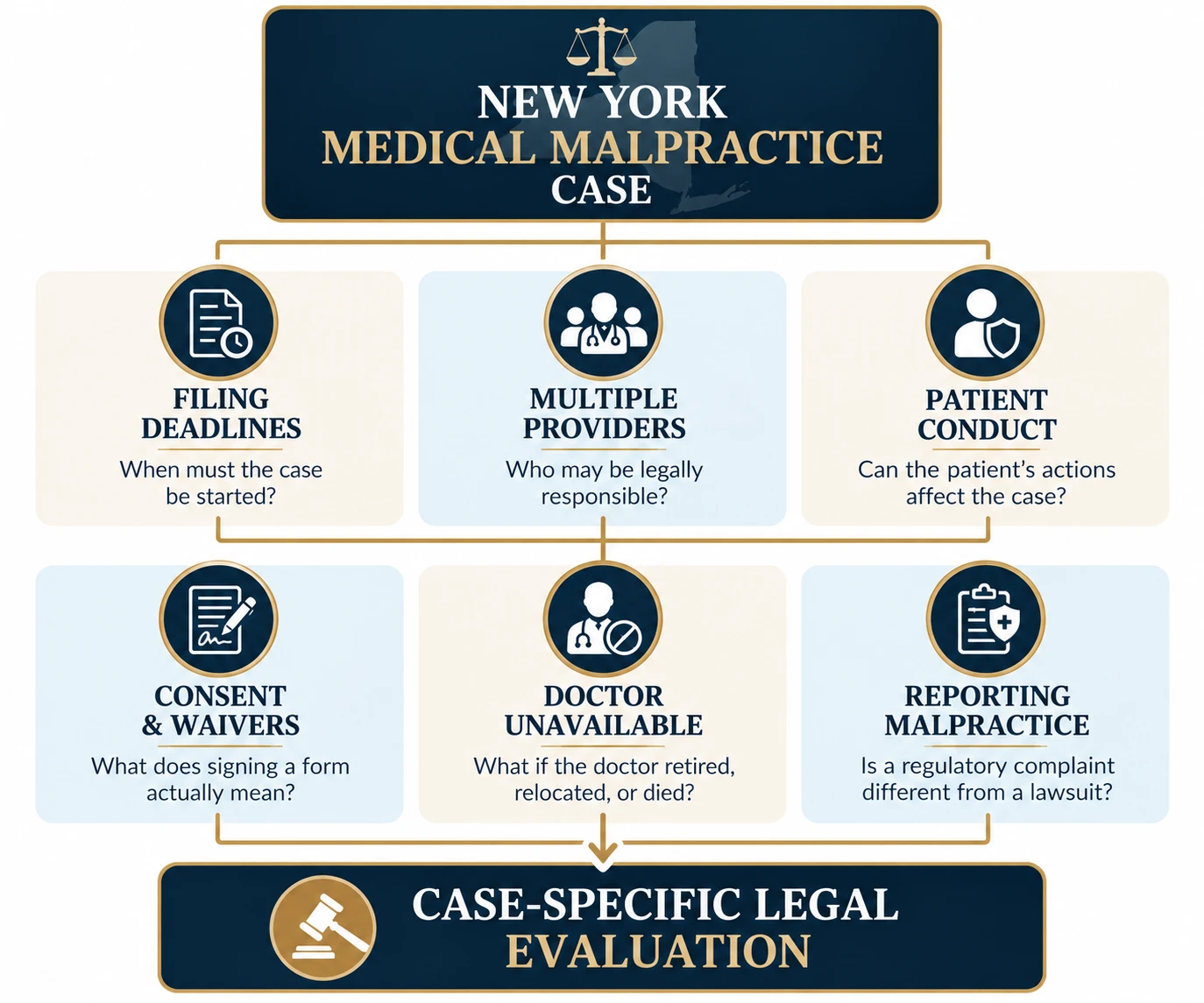 Diagram showing six legal issues that can affect a New York medical malpractice case: filing deadlines, multiple providers, patient conduct, consent and waivers, doctor availability, and reporting malpractice, leading to a case-specific legal evaluation.