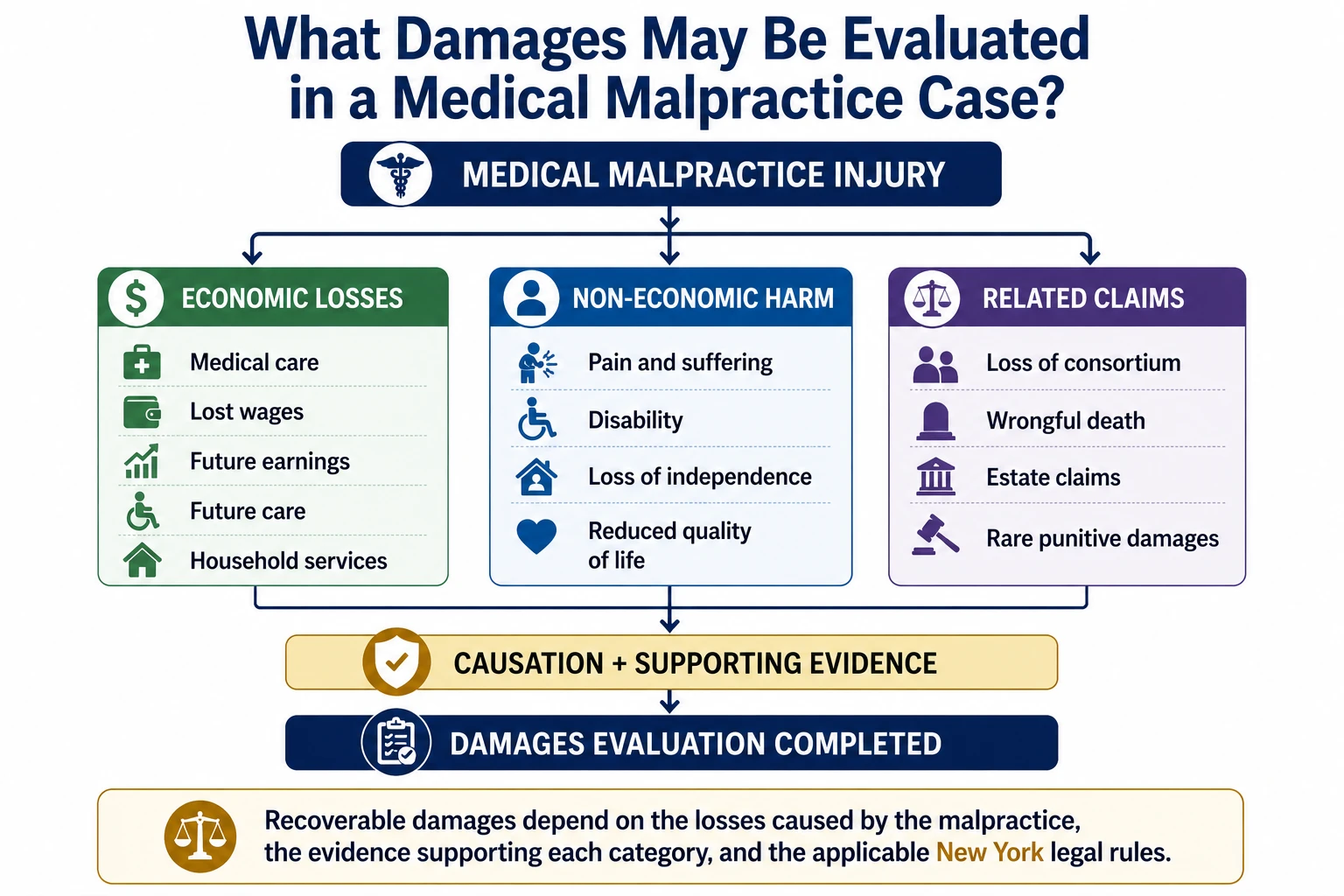 Infographic explaining types of compensation that may be available in a New York medical malpractice lawsuit, including medical expenses, future care, lost income, diminished earning capacity, pain and suffering, and other malpractice-related losses.