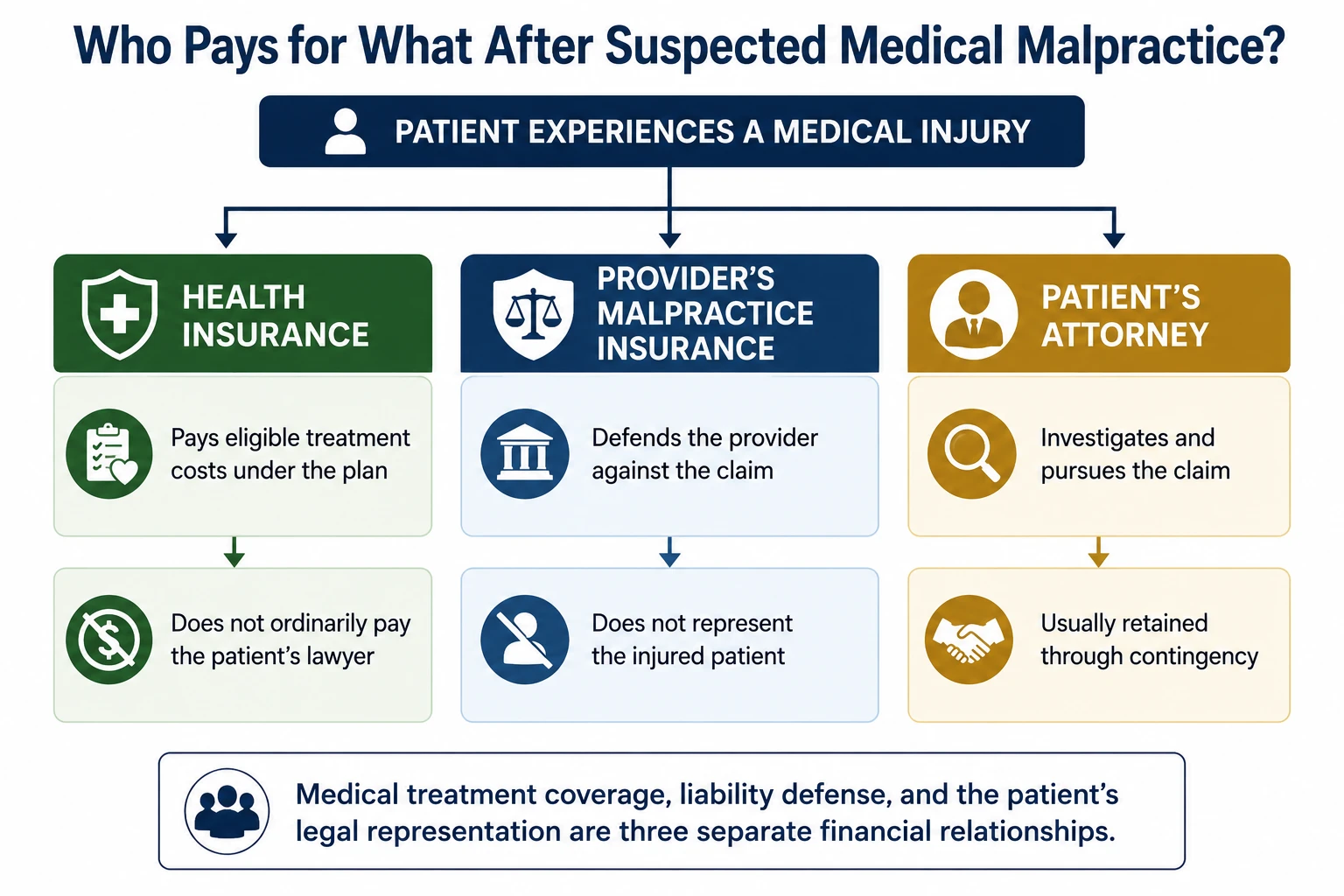 Infographic explaining who pays for what after suspected medical malpractice, including health insurance for eligible medical treatment, malpractice insurance for the healthcare provider’s legal defense, and the patient’s attorney for pursuing the malpractice claim.